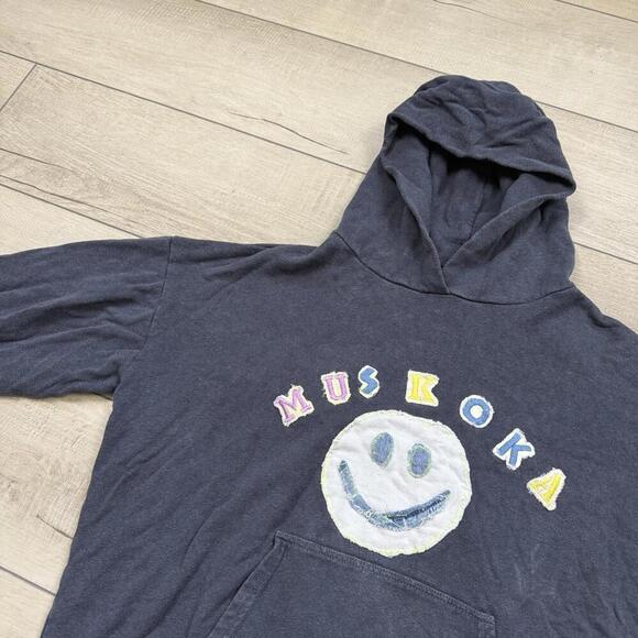 Y2K Muskoka Smiley Face Hoodie L Navy Made in Canada Hand-Drawn Vintage Skater - Picture 3 of 7